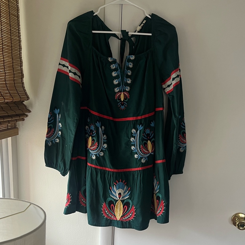 Anthropologie Embroidered Green Peasant Tunic Dress - Picture 2 of 2